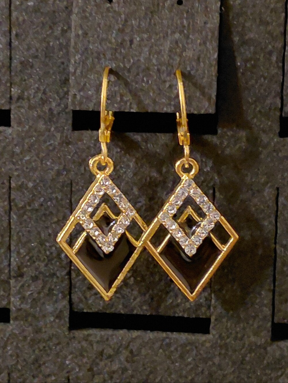 Gold and Black Geometric Drop Earrings with Crystal Accents